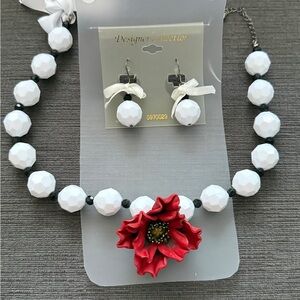 White Beaded Necklace with Red Poppy and Earrings